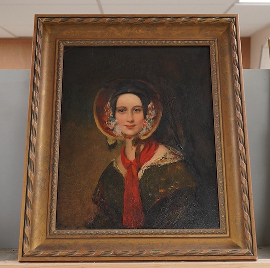 Early 19th English School, Portrait of Maria Brown wearing a bonnet, circa 1839, label verso, oil on panel, 34 x 27cm